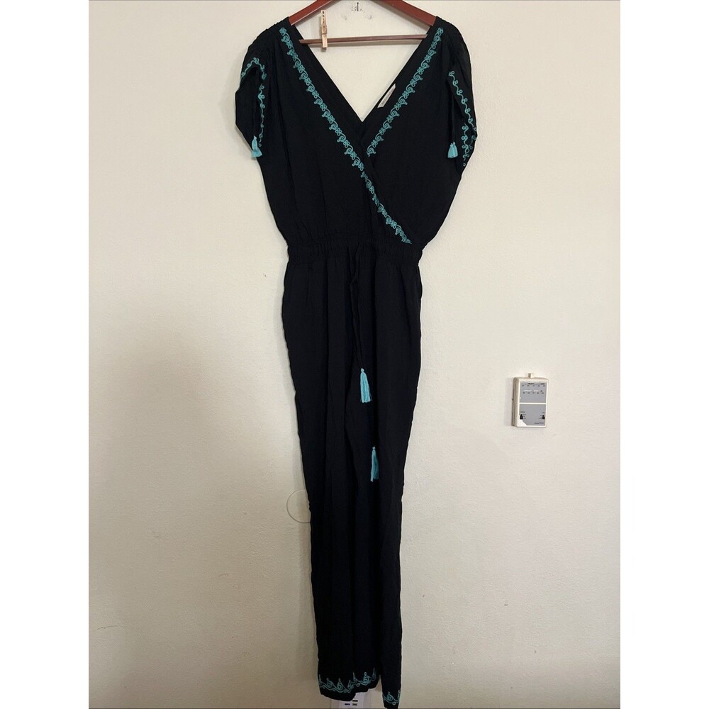 Soft Surroundings Black Baja Short Sleeve Turquoise Embroidered Jumpsuit SZ M